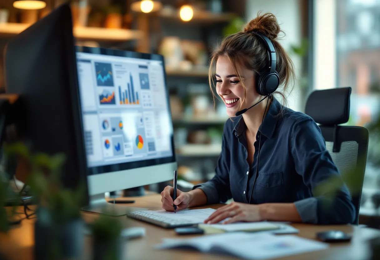Een lachende commercieel bediende achter een bureau, met een headset op en een scherm vol grafieken, terwijl ze notities maakt op een klantenkaart.