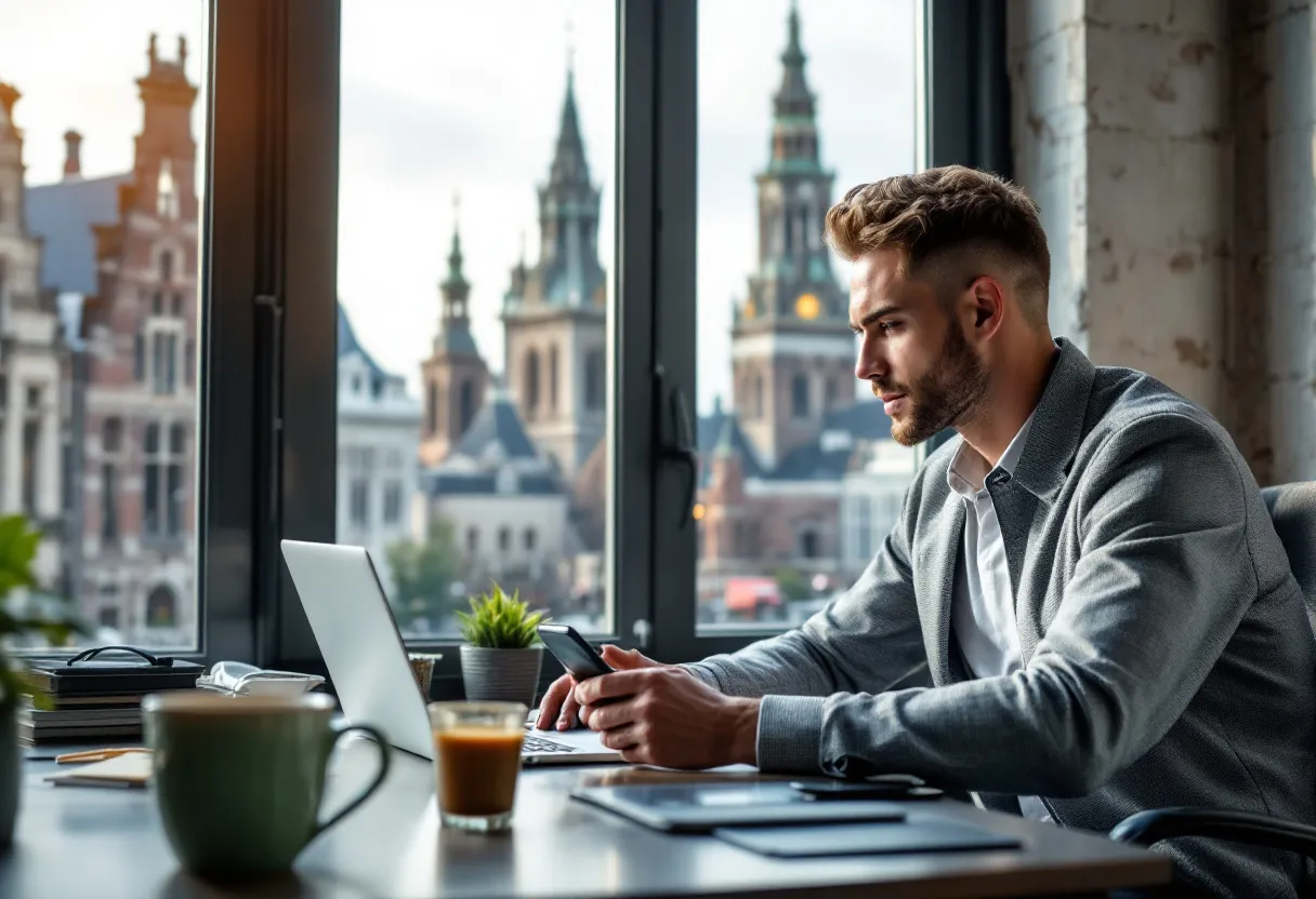 Een glimlachende jonge professional zit aan een bureau met een laptop en een smartphone, een kop koffie binnen handbereik, met op de achtergrond een raam dat uitzicht biedt op de historische torens van Gent.