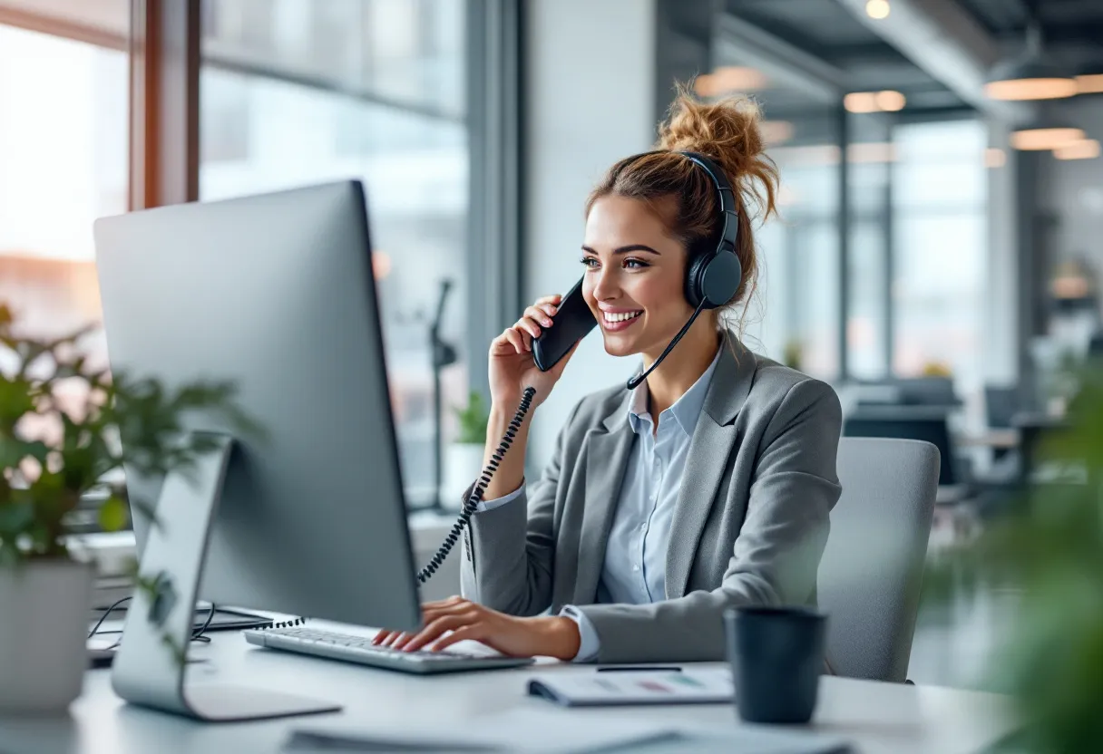Een zelfverzekerde commercieel bediende in een modern kantoor in Vlaanderen, glimlachend terwijl ze een telefoongesprek voert en tegelijkertijd aantekeningen maakt op haar computer, met een zichtbare offerte en productcatalogus op haar bureau.