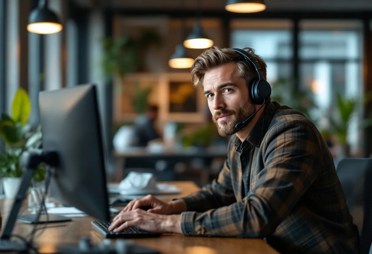 Een commercieel bediende met een headset glimlacht naar de camera, zittend aan een bureau met een computerscherm, in een modern kantoor met grote ramen en daglicht.