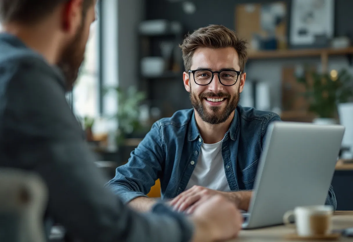 Een glimlachende jonge man zit aan een laptop met op het scherm een overzicht van gematchte vacatures voor commercieel bediende, in een lichte, eigentijdse werkruimte.