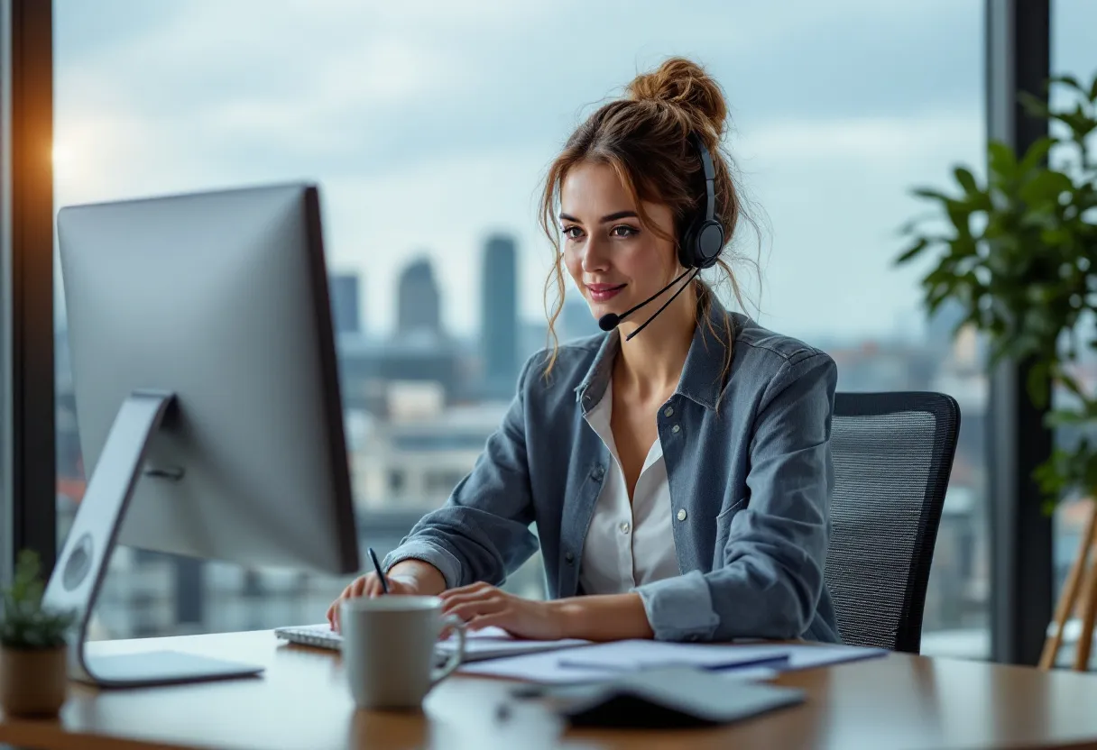 Een glimlachende jonge vrouw in een modern kantoor zit achter een bureau met een headset op en een computerscherm waarop een overzicht van vacatures voor commercieel bediende te zien is, met een beker koffie en een notitieblok, terwijl op de achtergrond de contouren van een Vlaamse stad door het raam zichtbaar zijn.