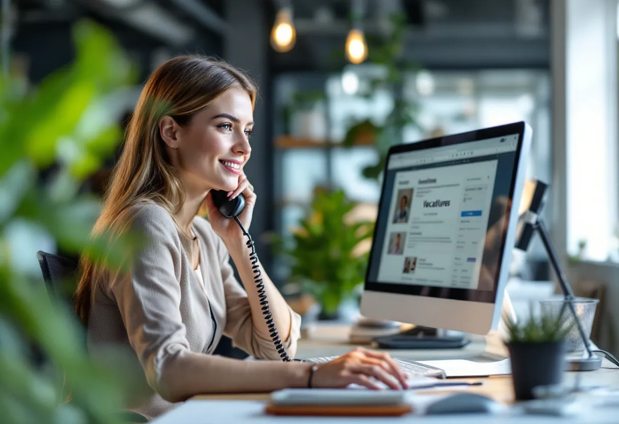 Een glimlachende commercieel bediende aan een bureau met een telefoon en een computerscherm vol vacatures, in een licht en modern kantoor in Antwerpen.