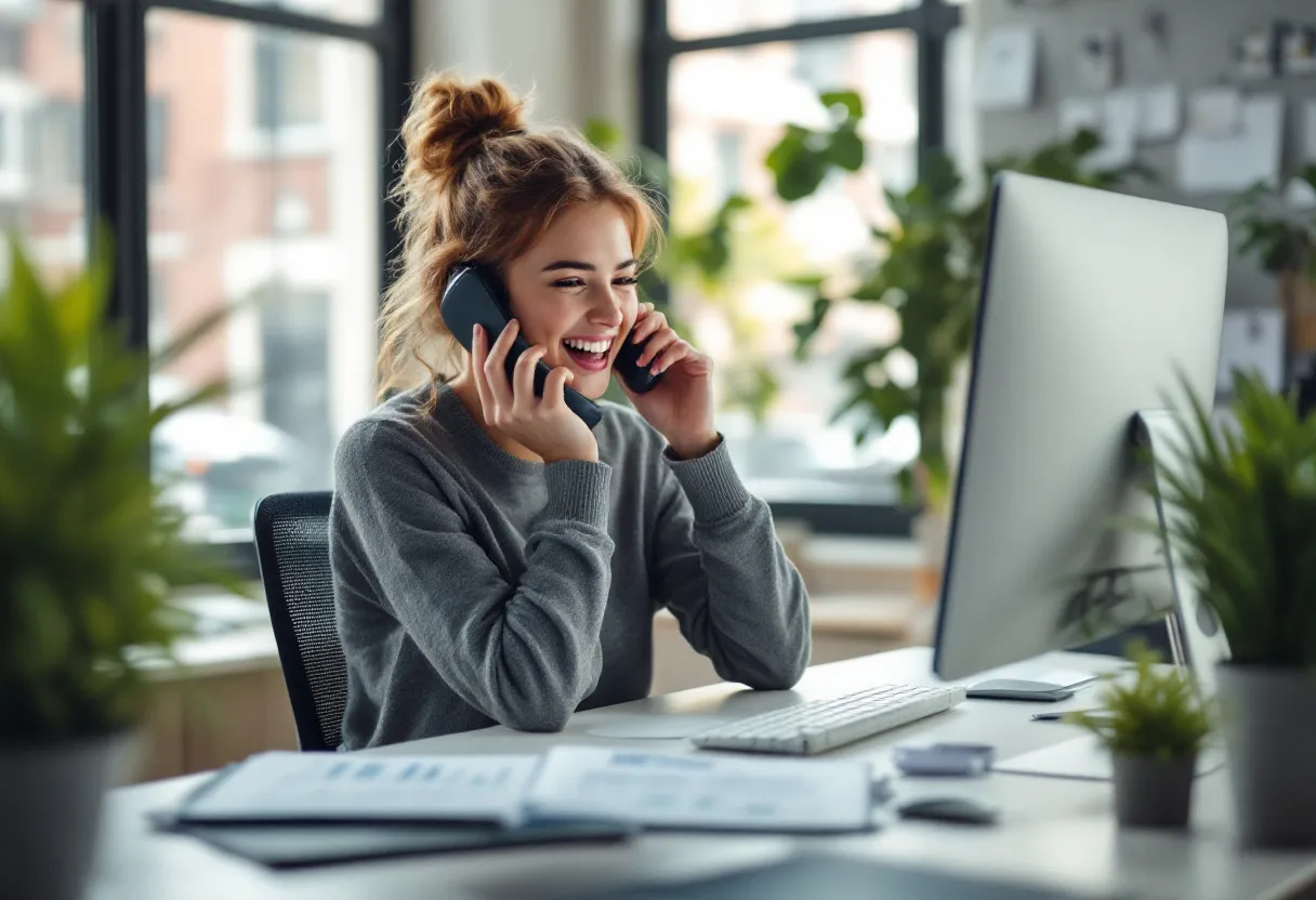 Een jonge vrouw zit aan een bureau in een lichte kantoorruimte, lacht terwijl ze een telefoongesprek voert en kijkt naar een computerscherm met verkoopcijfers.