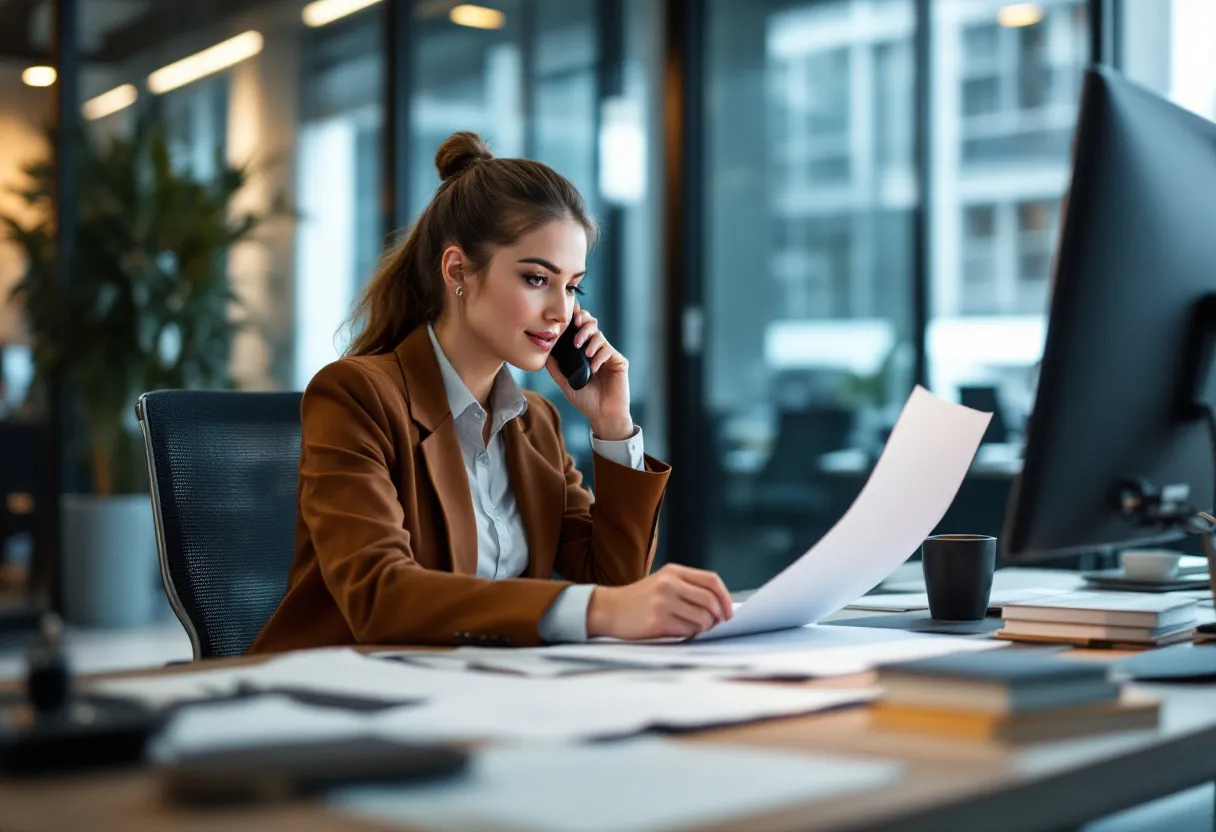 Een glimlachende vrouwelijke commercieel bediende in een modern Vlaams kantoor bekijkt een vast contract op haar bureau, terwijl ze een telefoongesprek voert.