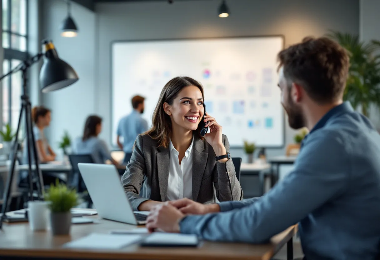 Een fotorealistische scène van een commercieel bediende achter een bureau in een modern, open kantoor met daglicht, een laptop en telefoon voor zich, terwijl ze een vriendelijk gesprek voert met een klant, met op de achtergrond een team dat overlegt bij een whiteboard.